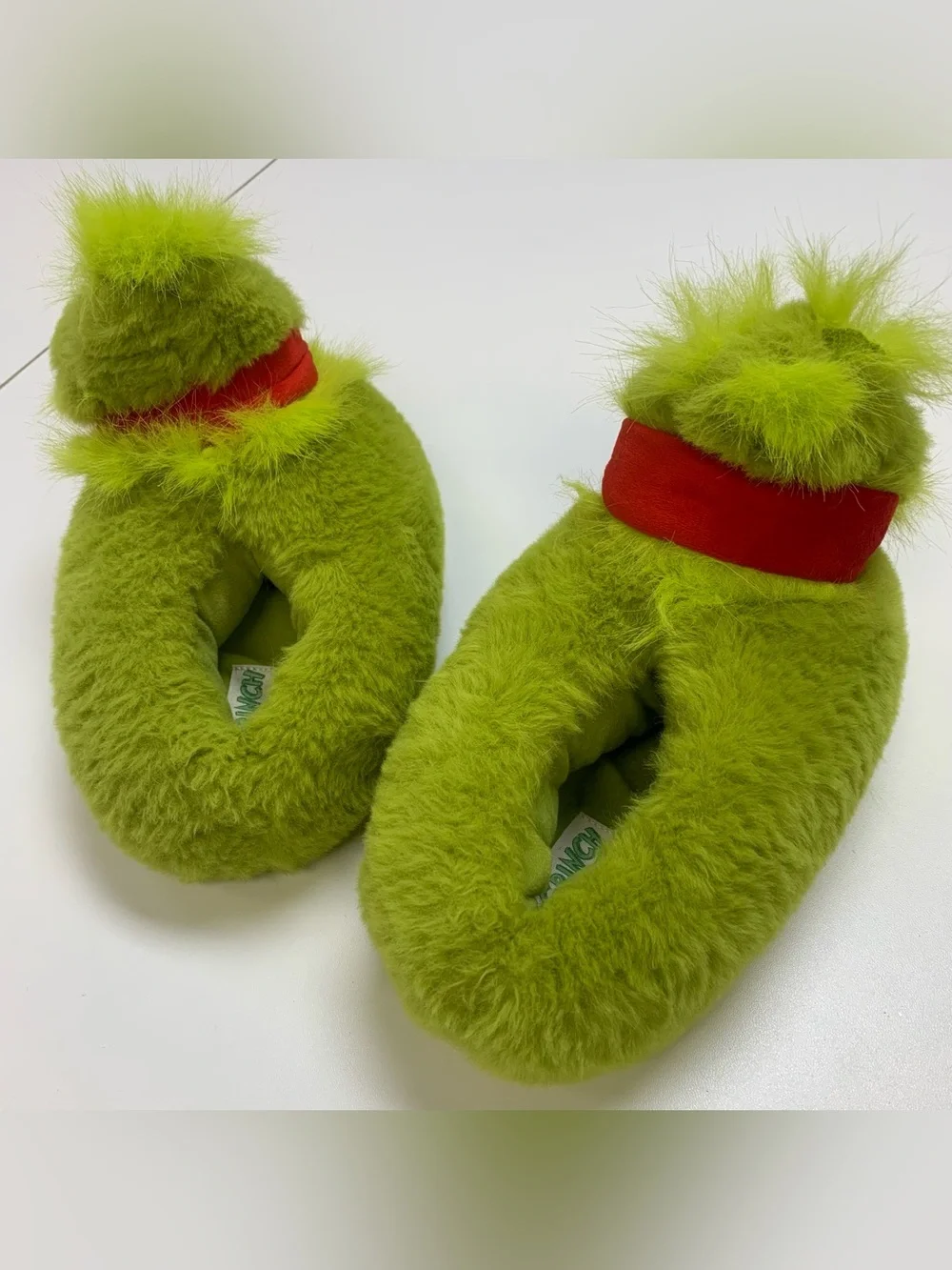 Kids Fluffy Green Grinch Slippers with Red Bow